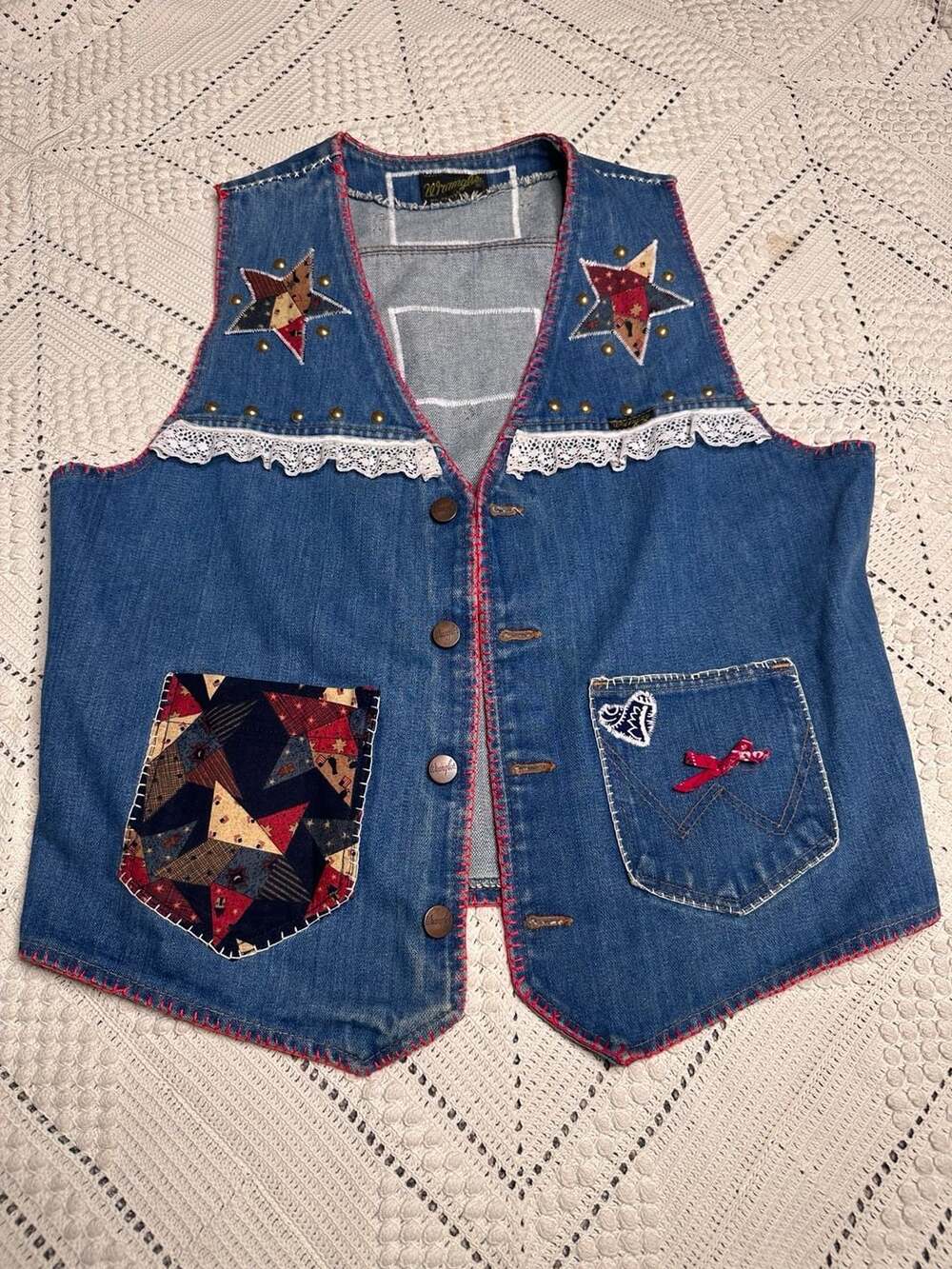 Vtg Vintage Wrangler No-Fault Denims Western Patchwork Americana Denim Vest